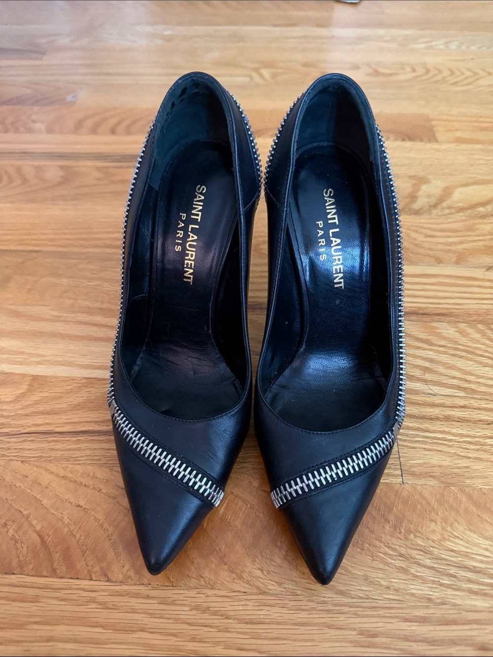 Saint Laurent Black Leather Pointed-Toe Pumps with Silver Zipper Accent